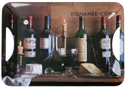 Serving tray featuring a photo of wines and cheeses