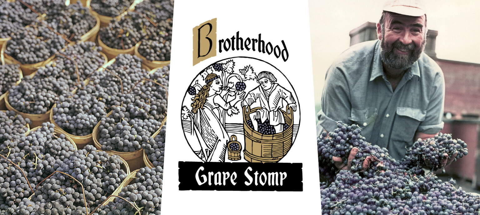 Grape Stomp promotional poster featuring two figures stomping grapes in a barrel and a man holding up grapes