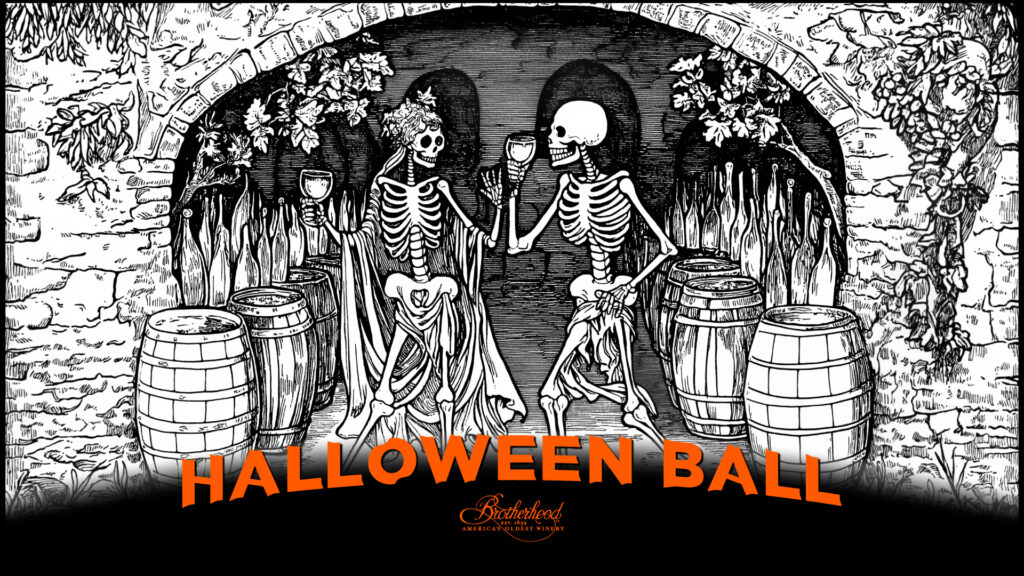 Halloween Ball promotional image featured two dancing skeletons drinking wine