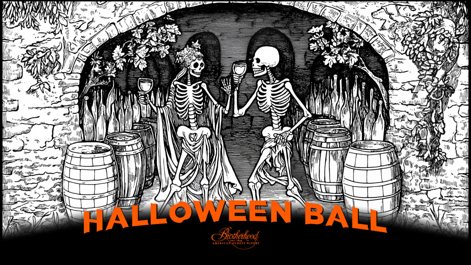 Halloween Ball promotional image featured two dancing skeletons drinking wine