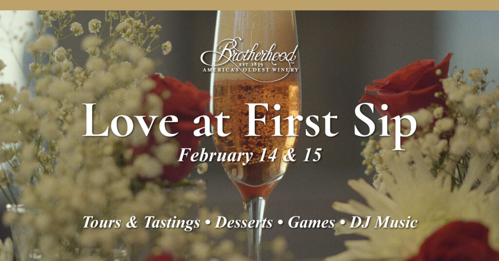 Love at First Sip promotional image featuring a glass of sparkling rosé and roses.