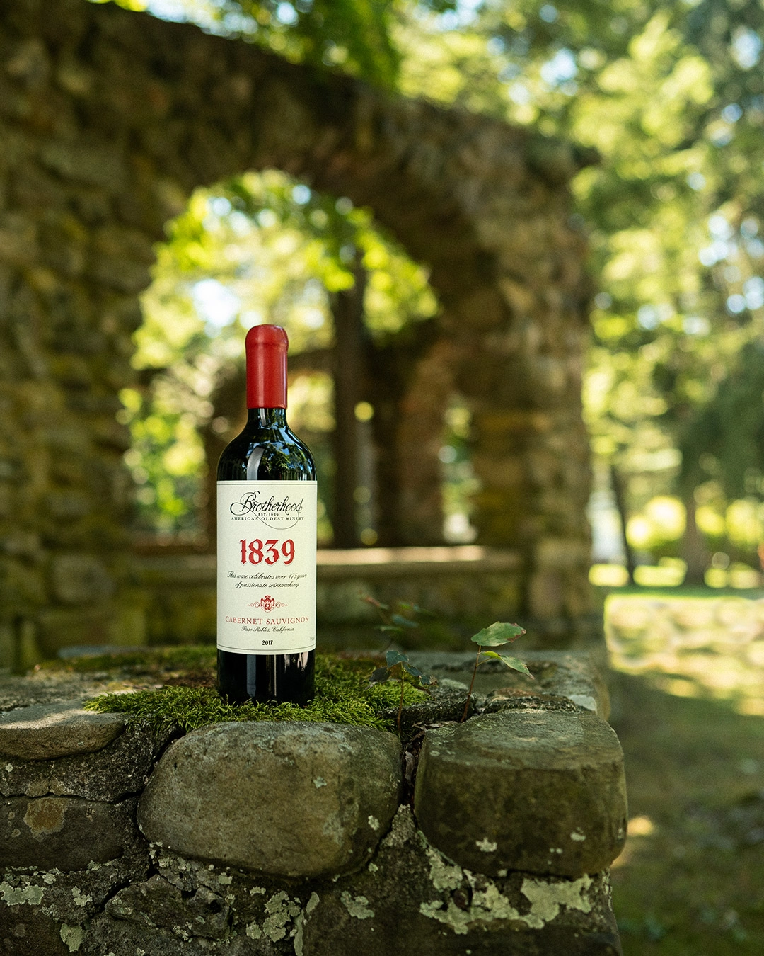 1839 Cabernet Sauvignon bottle displayed on moss-covered stone wall